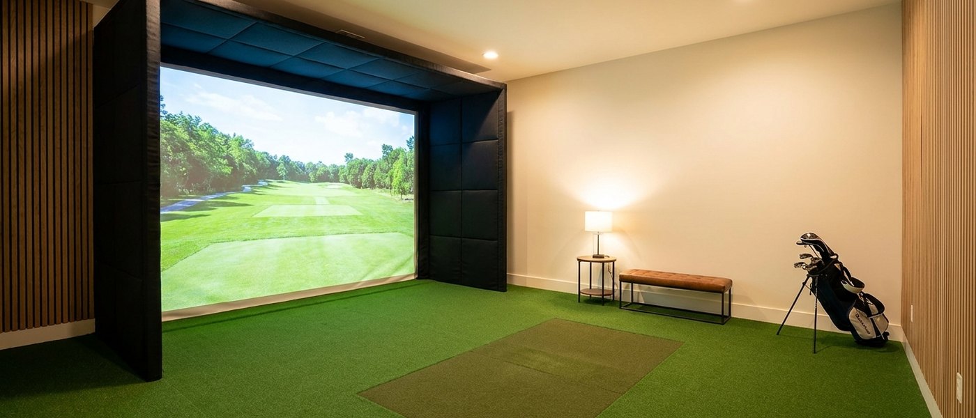 Concept render of a purpose-built golf simulator room with wall-to-wall turf, matte black screen wall, finished trim, and recessed lighting.