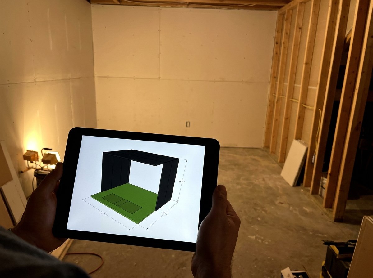 A tablet held in hand displaying a 3D architectural render of a golf simulator room layout before construction.