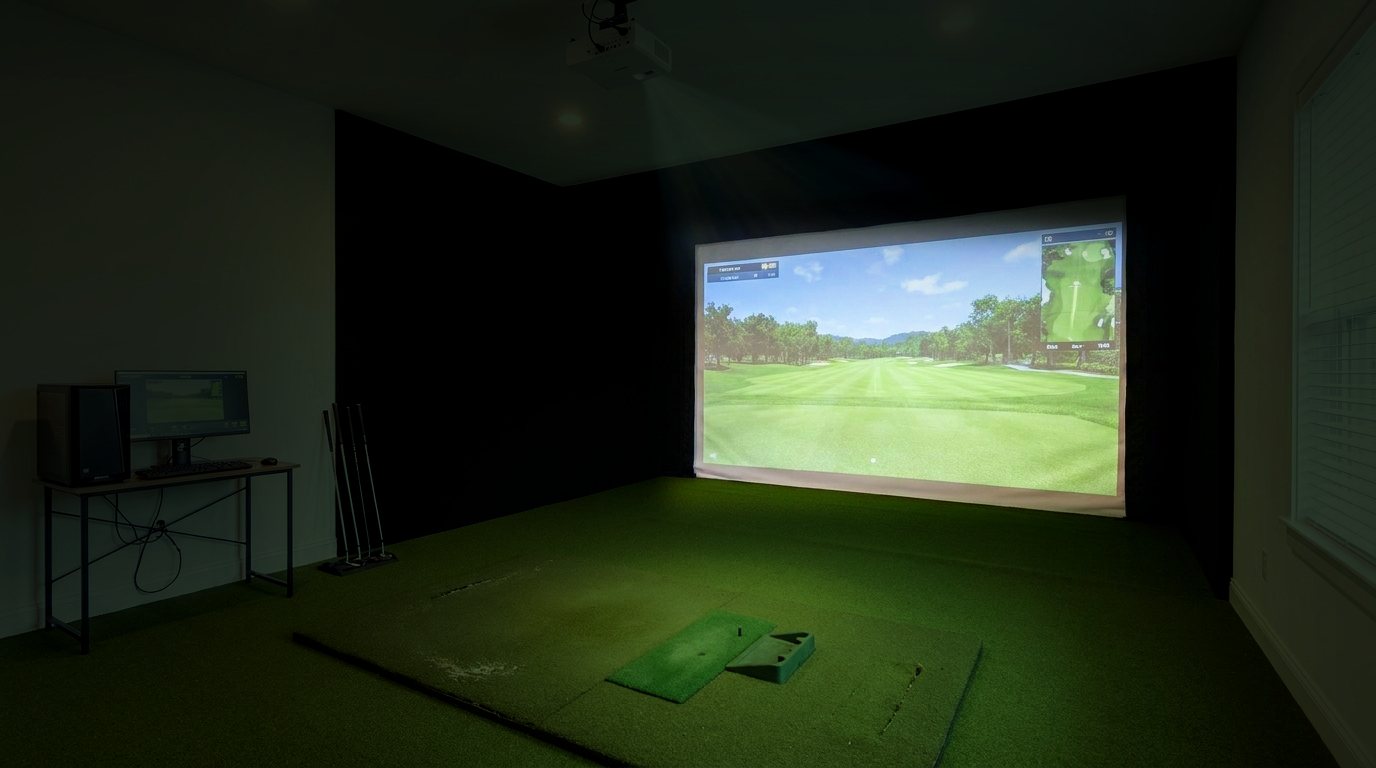 A dimly lit golf simulator room with glowing green turf, a bright projected fairway on the screen wall, and a ceiling-mounted projector.